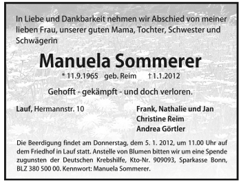 Traueranzeige von Manuela Sommerer von Pegnitz-Zeitung